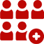 Red icon of several people with a plus sign
